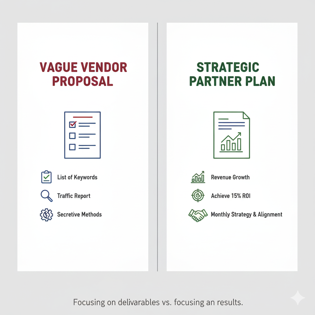 How to Choose the Best SEO Agency 5 Comparison of a vague SEO proposal versus a strategic partner proposal.