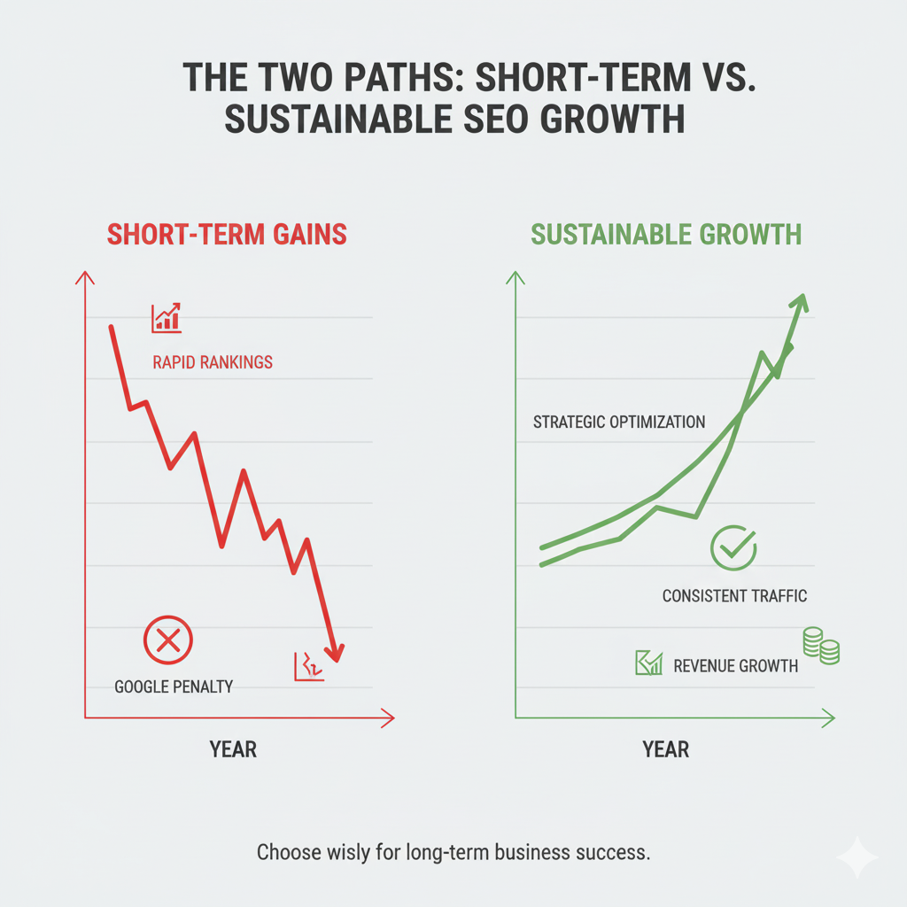 How to Choose the Best SEO Agency 6 Infographic showing the short-term crash of bad SEO versus the sustainable growth of good SEO